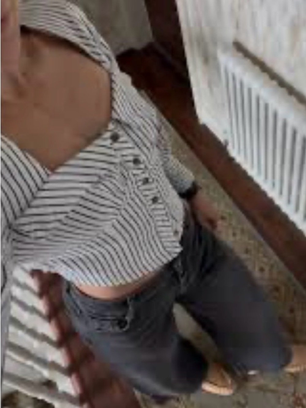 Topshop Striped V-Neck Button-Front Women’s Top - White/Black